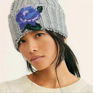 NWT Free People Everything Rosy Beanie Grey with Blue Purple Embroidery Flower